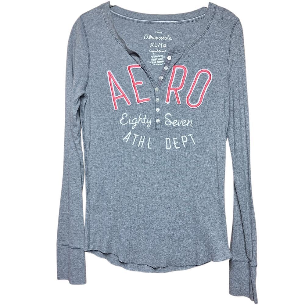Aeropostale Vintage Y2K preppy logo embroidered long-sleeved Henley tee XL gray